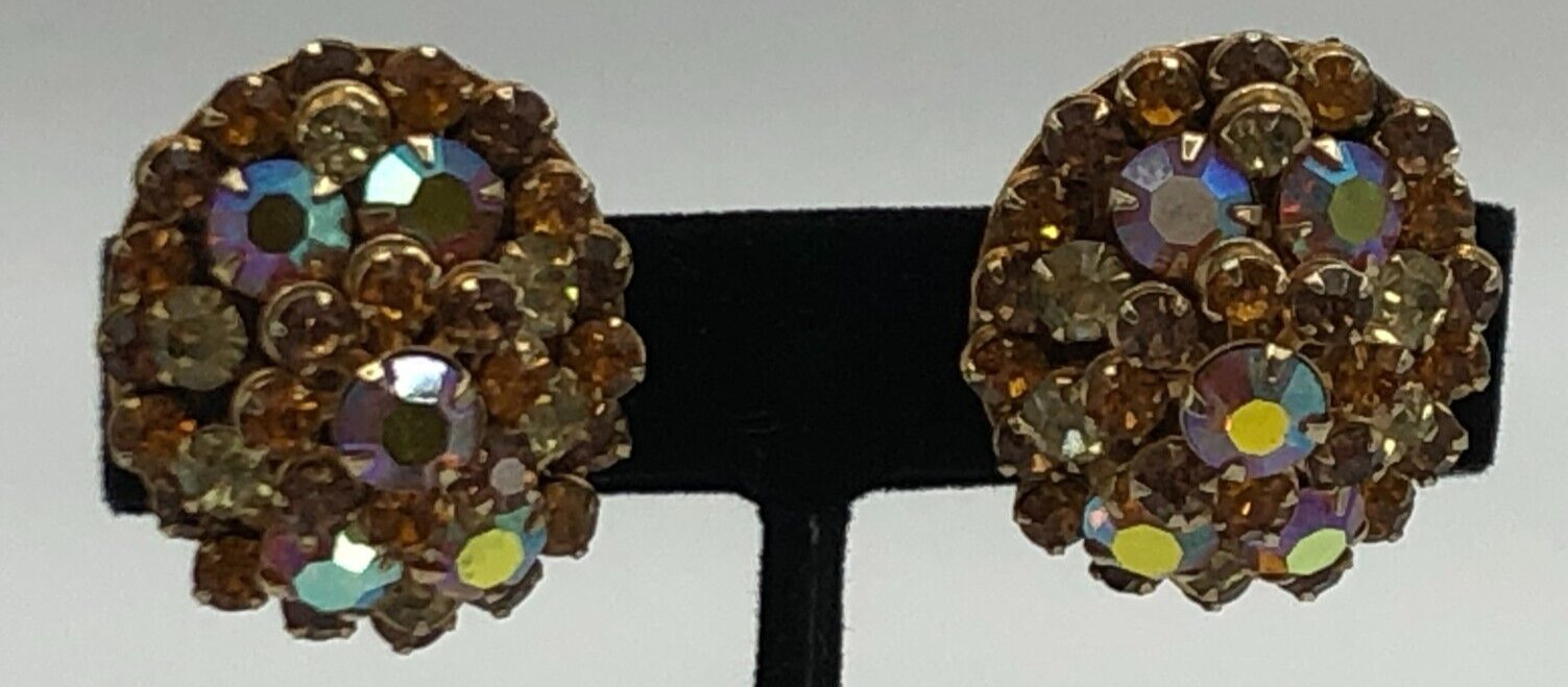 Vintage Clip Earrings Signed Pat Pend Dome Cluster Prong Set Topaz AB Rhinestone