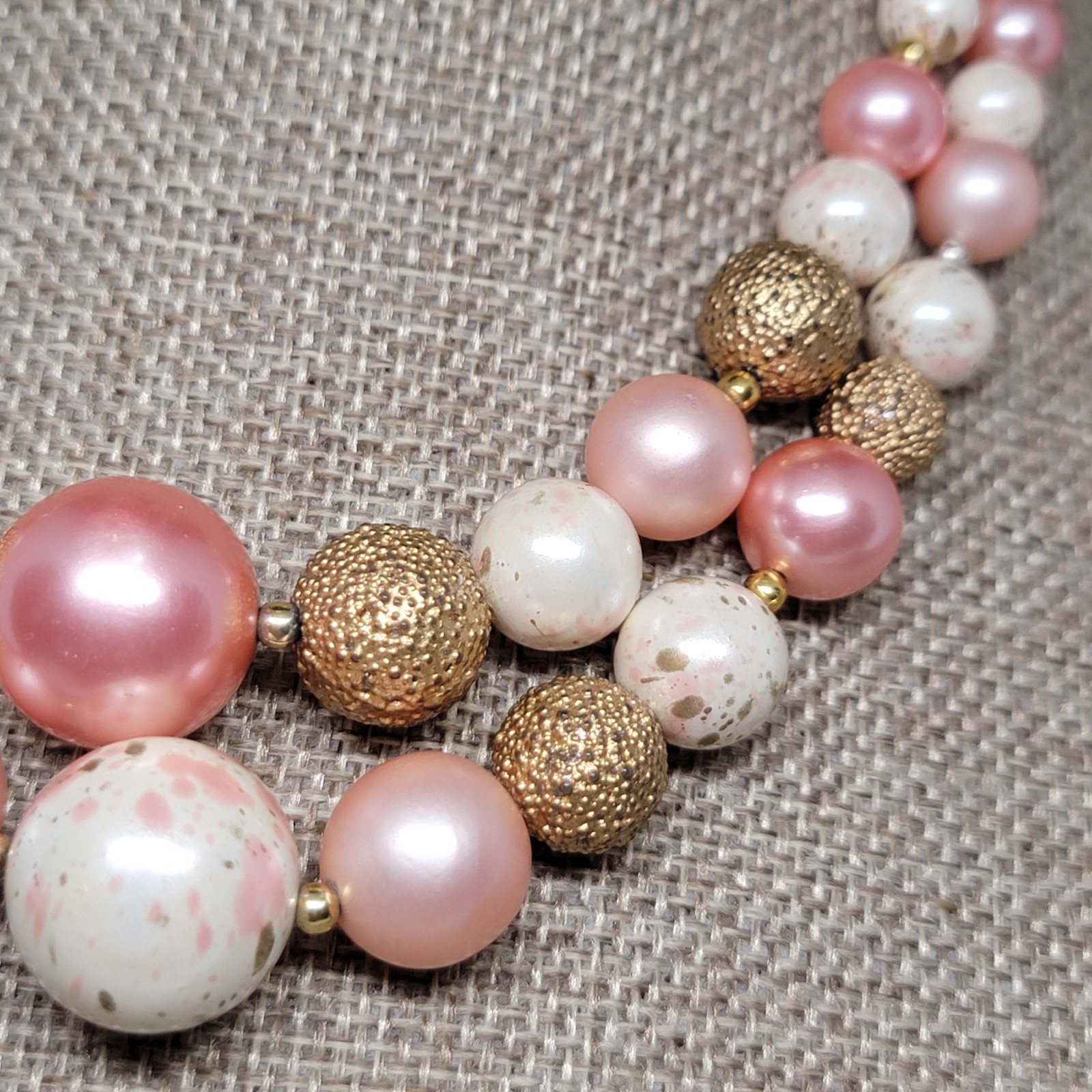 Vintage Pink Multi Strand Beaded Necklace Earrings Set Gold Tone READ