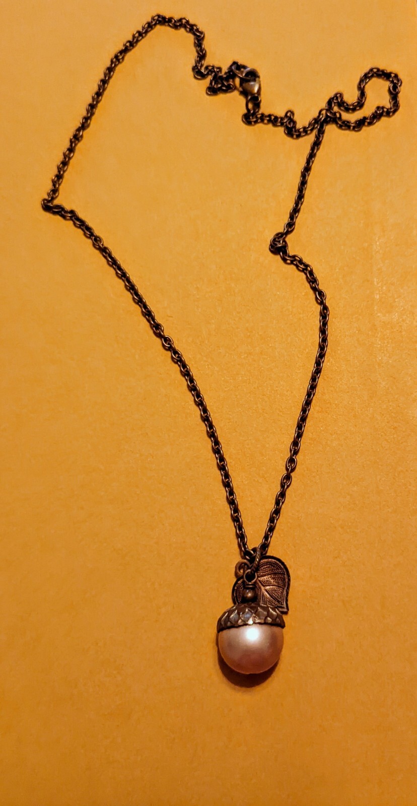Copper Necklace With Pink Pearl Acorn Pendant