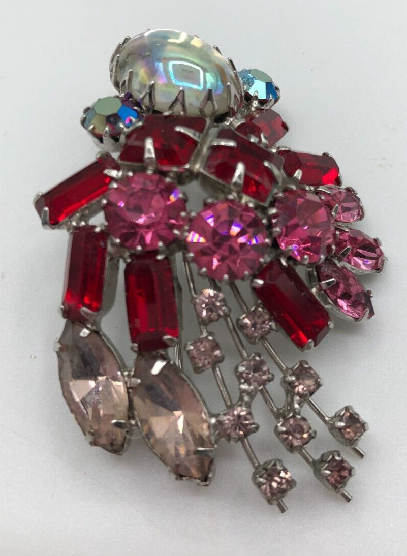 VTG Pink & Red Rhinestones Brooch Pin Iridescent Cabochon MCM 1950s Estate