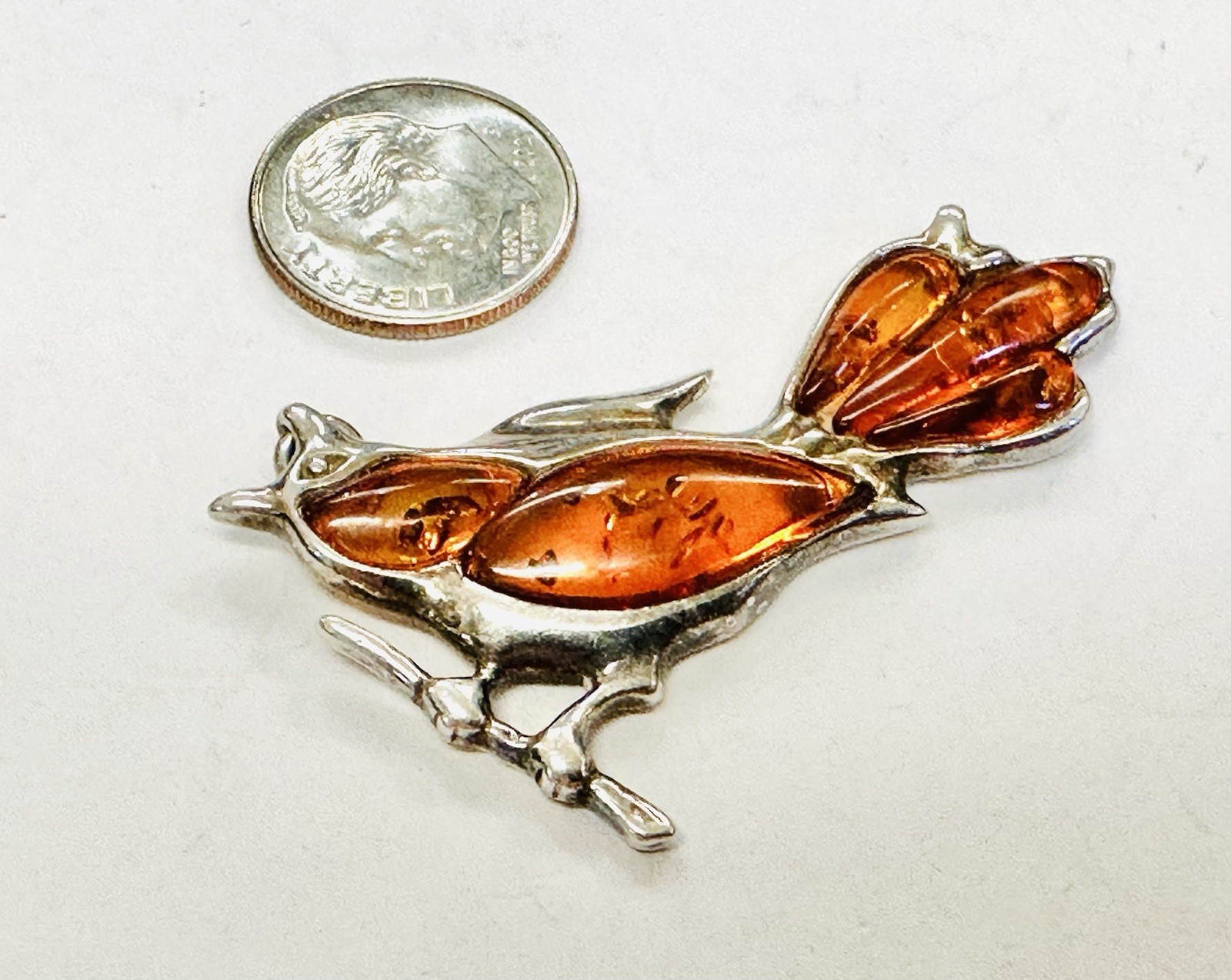 Vintage Baltic Amber Sterling Silver 925 Pendant Bird Gemstone