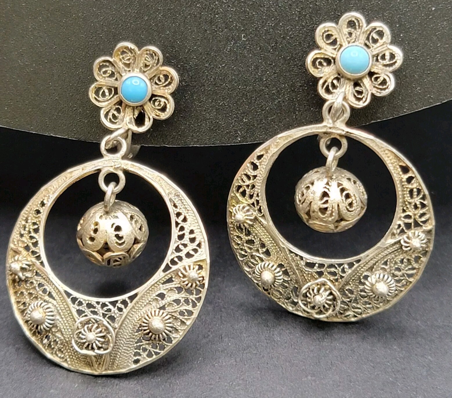 833 Silver Filigree Drop Earrings Turquoise Accent Dangle Vintage Ethnic