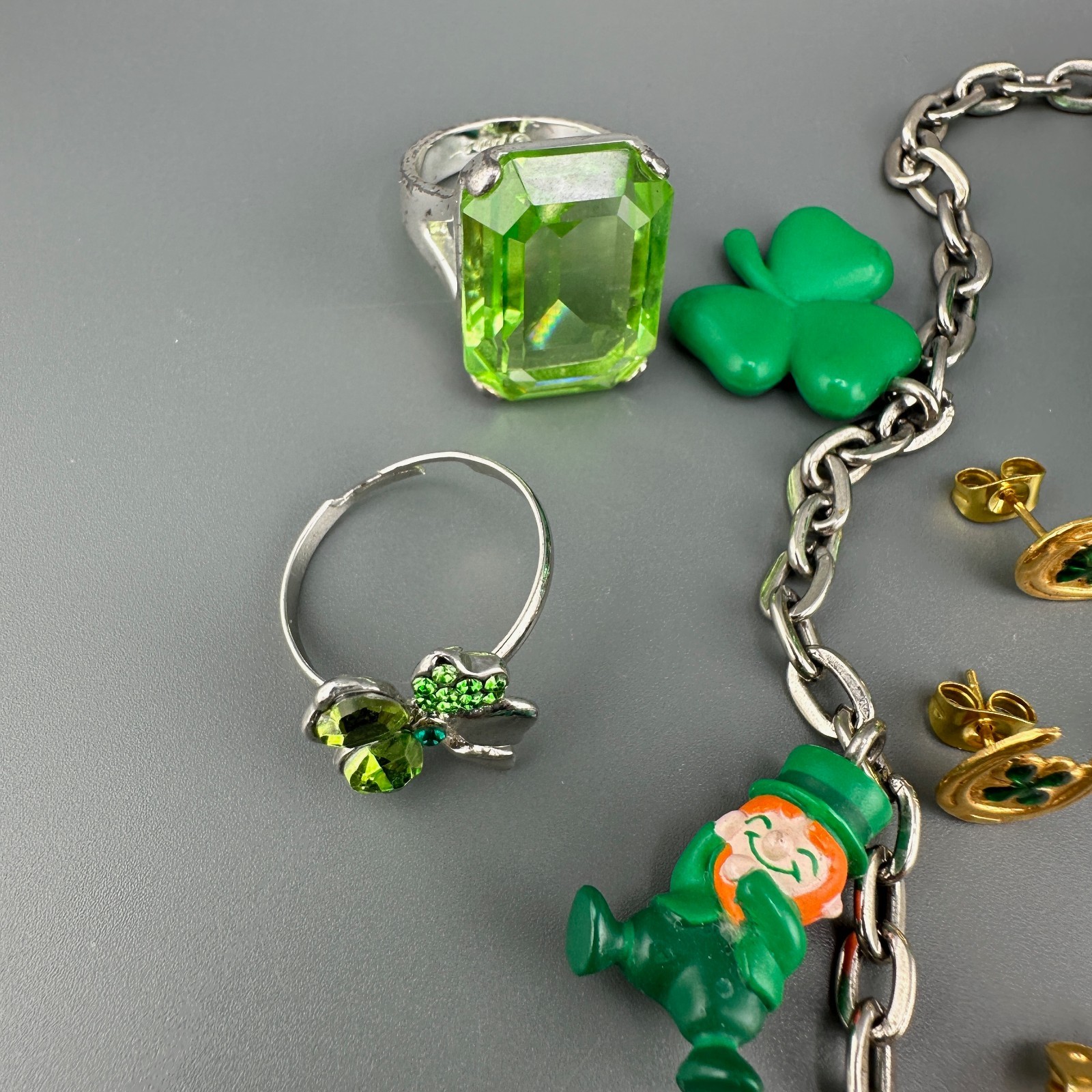 Vintage St. Patricks Day Jewelry Lot Shamrock Brooches Leprechaun Necklace Rings