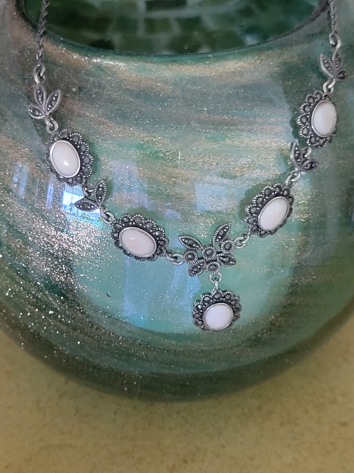 Edwardian/Victorian Style Sterling/Marcasite/ Angel Skin Coral Station Necklace