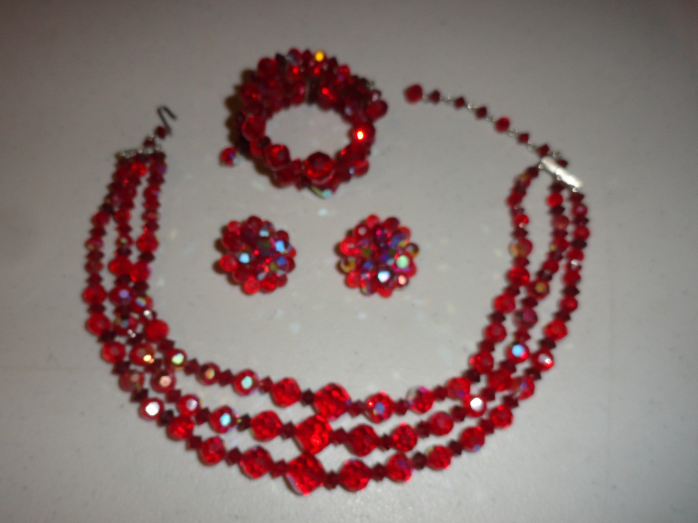 Vintage Parure 3 Strand Red Iridescent Necklace, Clip On Earrings & Bracelet