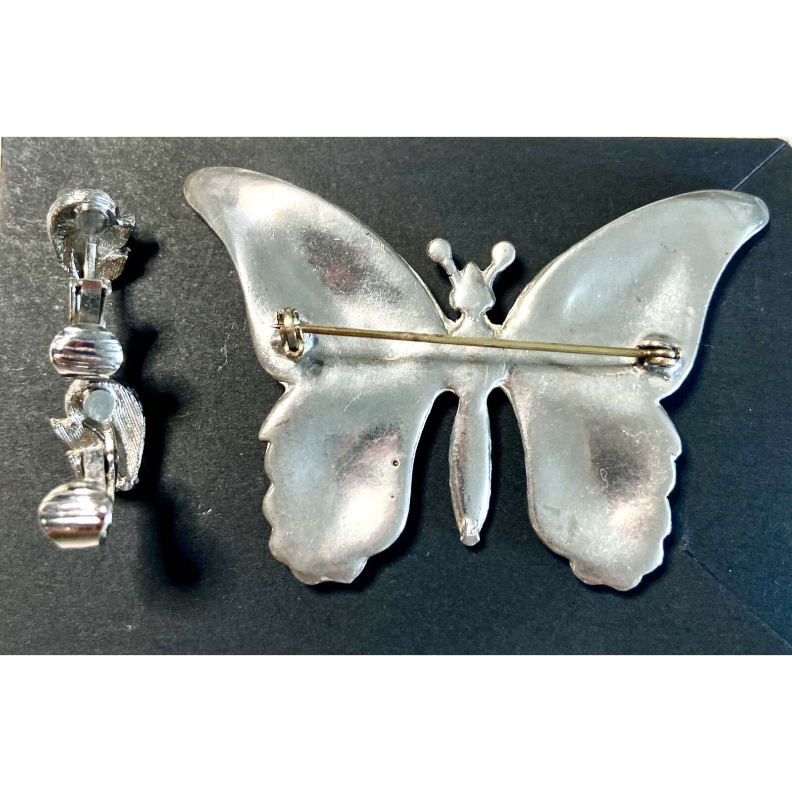 Rhinestone Butterfly Brooch with Rair of Rhinestone Clip On Earrings Set Glam
