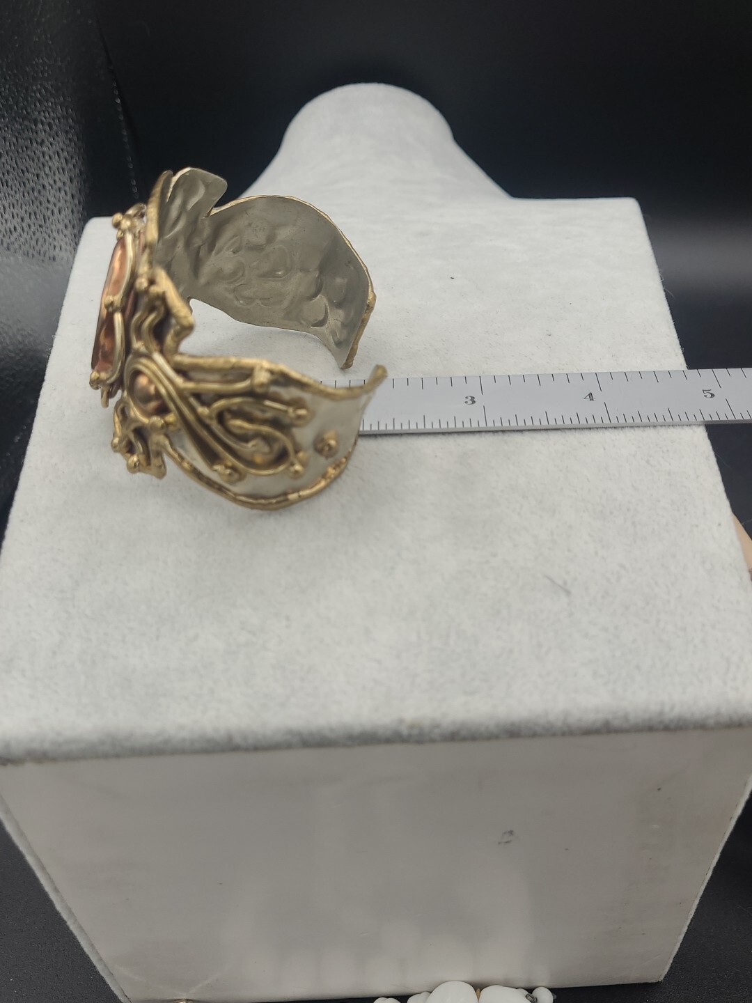 Vtg Mixed Metals Silver Tone Brass Copper Natural Stone Brutalist Cuff Bracelet