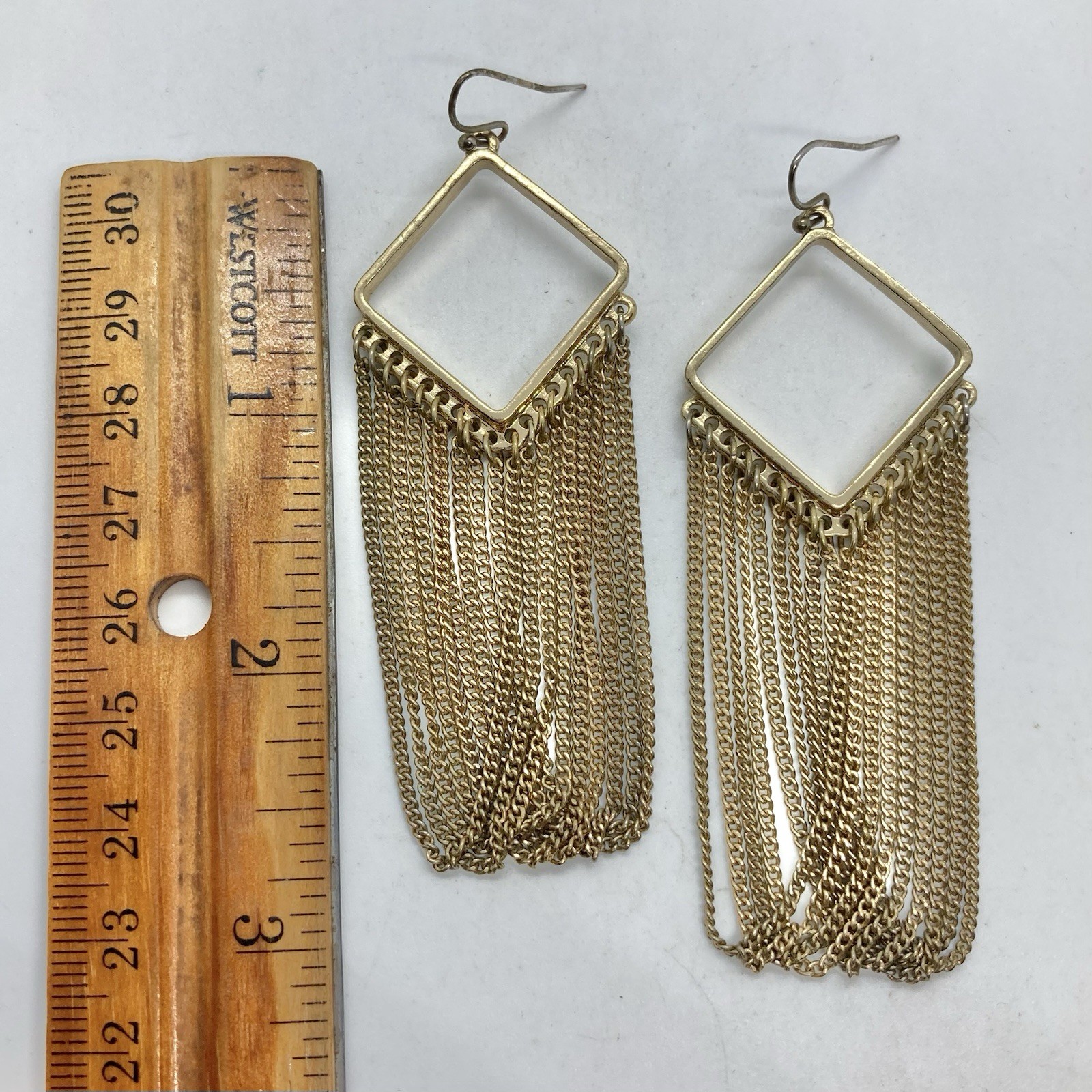 Vtg Fringe Chain Dangle Statement Earrings Gold Tn Hook Long Hoops