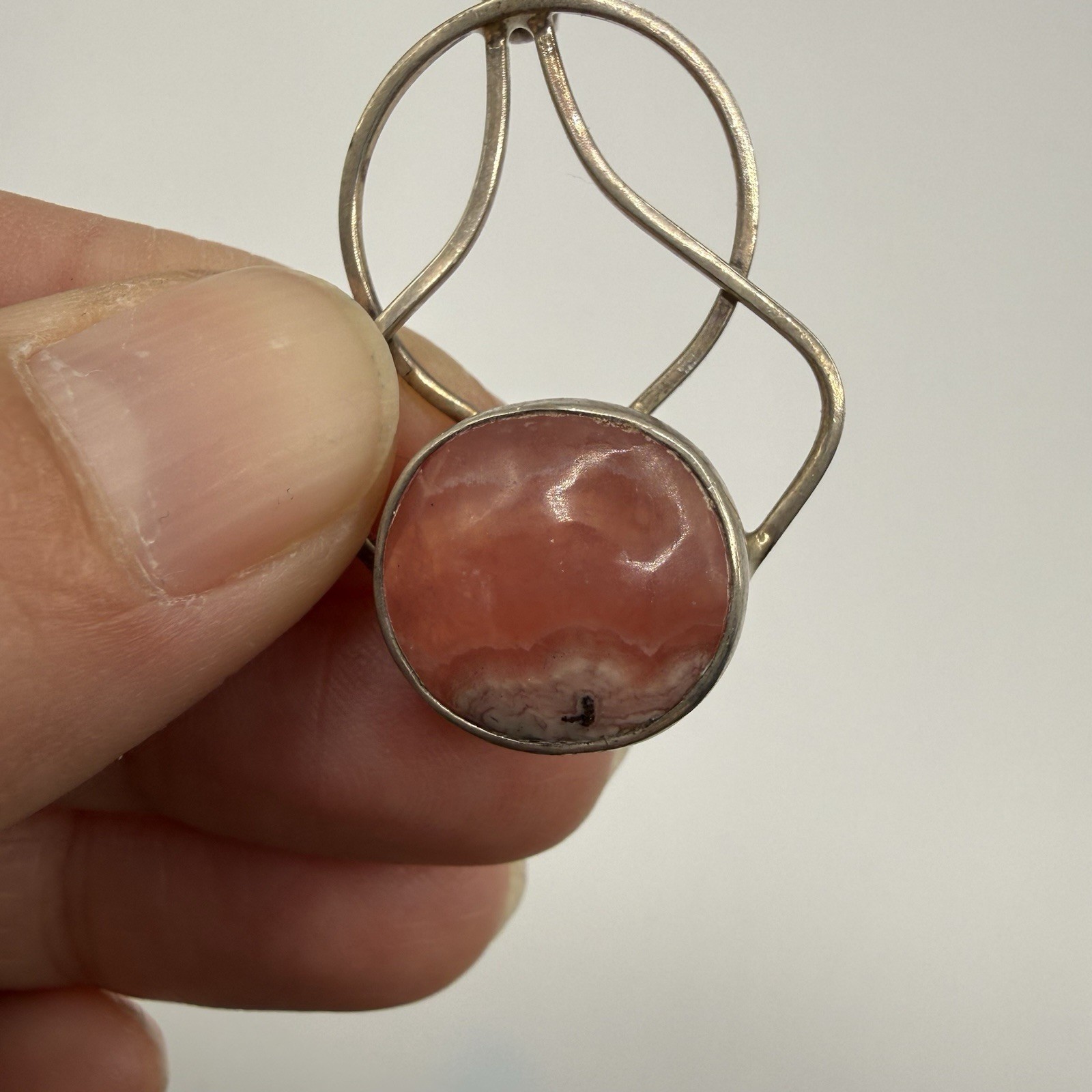 Vintage Sterling Silver Pink Stone Pendant Necklace 1.5”