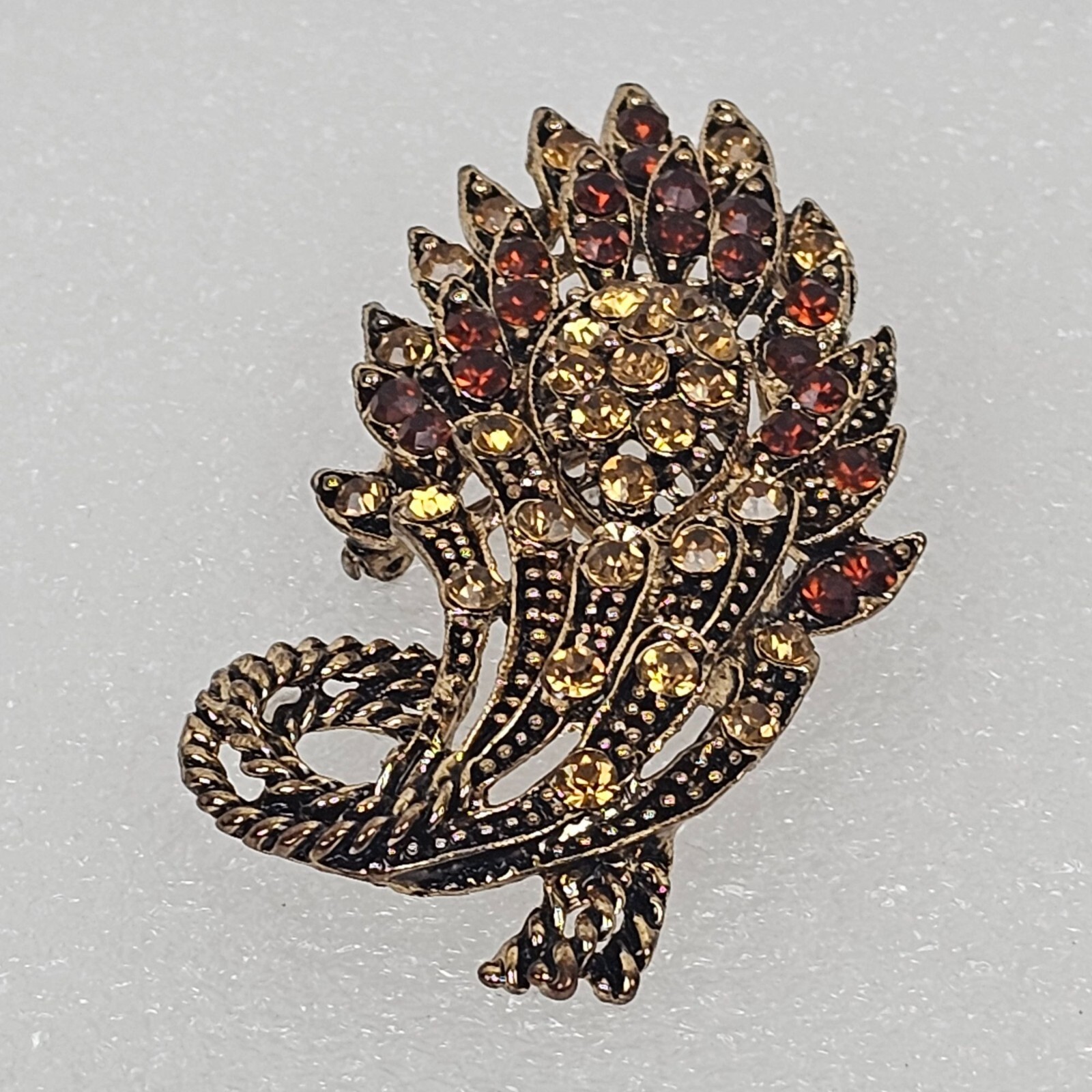 Vintage Yellow Brown Crystal Rhinestone Floral Big Brooch Pin Pendant Gold Tone