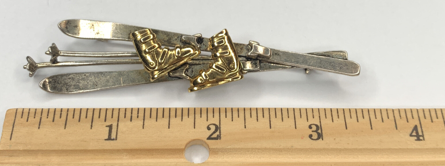 DARLENE Big Winter Skiing Brooch Ski Poles Boots Skis Signed Two Toned 15g VTG
