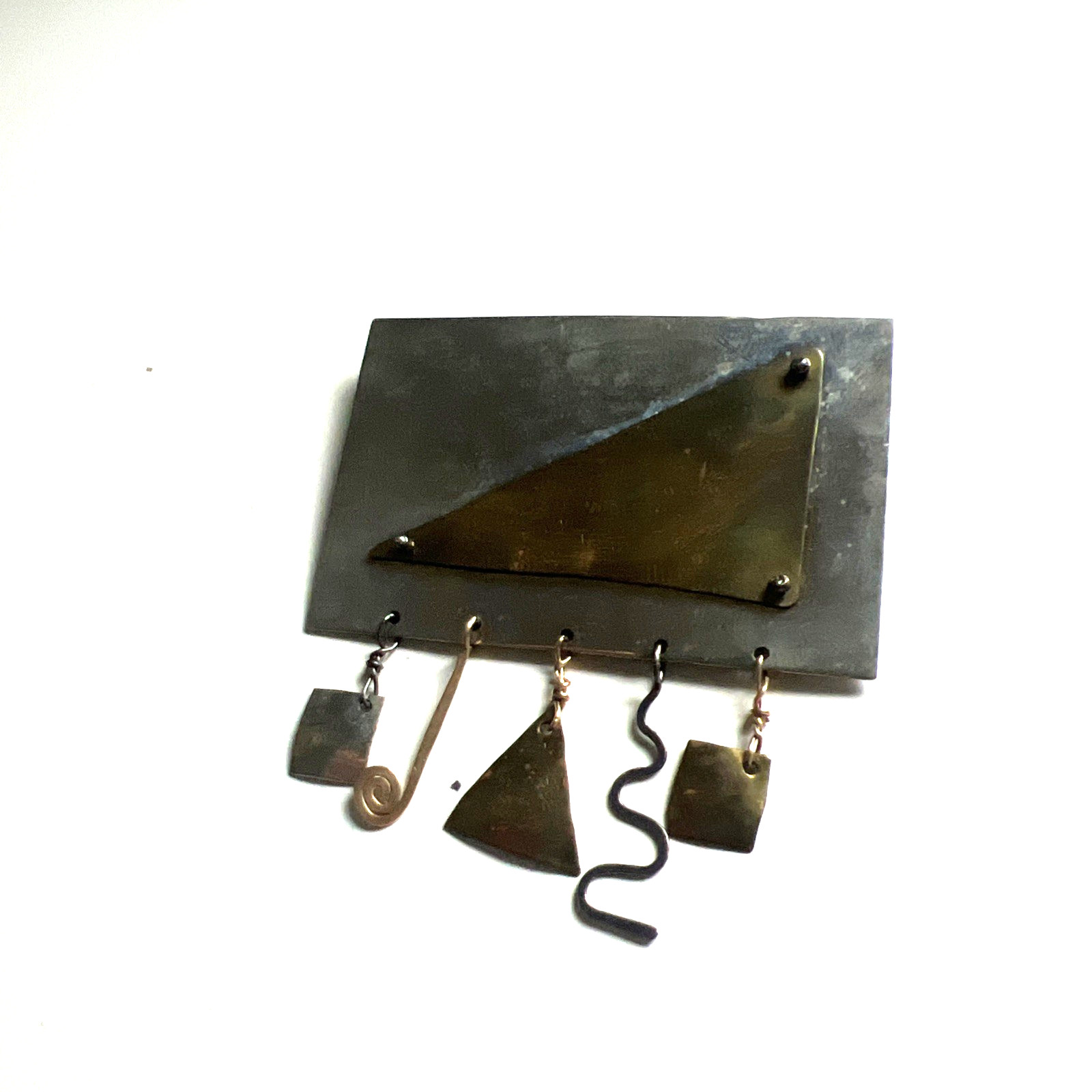 Vintage Signed AH Brooch Pin Jewelry Modernist Silver Gold Metal Charms Dangle