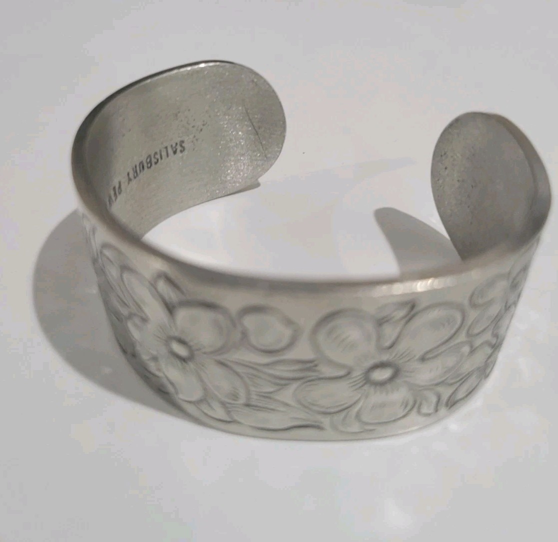 Signed Salisbury Pewter February Flower of the Month Cuff Bracelet EUC