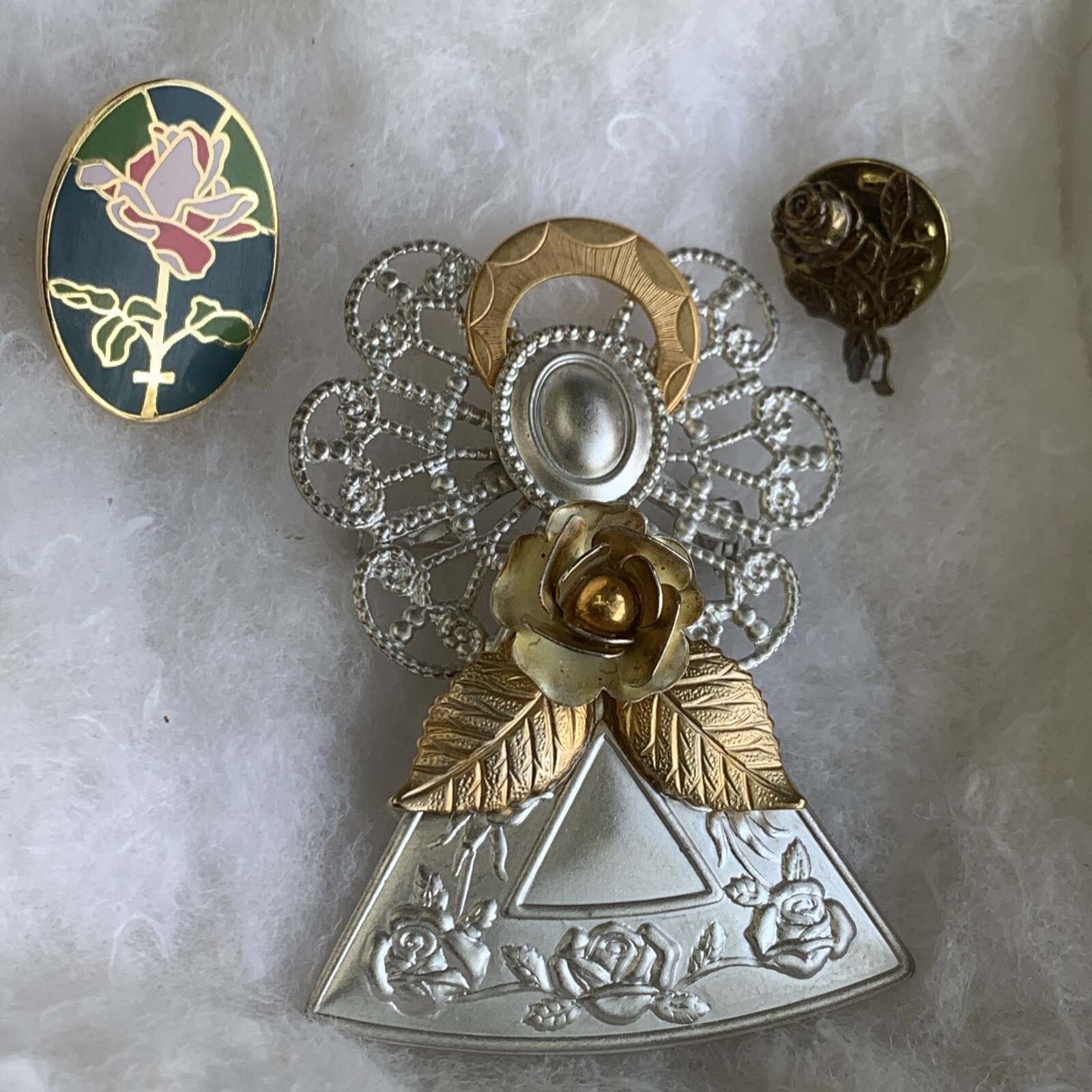 UNIQUE Aluminum Metal & Gold ANGEL & ROSE Valley Castings Cloisonne SET 3❤️sj3j5