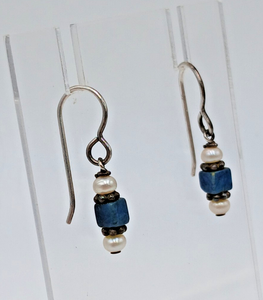 VTG Beaded Dangle Earrings 1in Drop Blue Stone Seed Pearl Silver Tone Estate