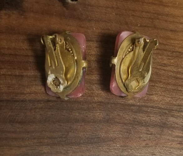 Vtg Unbranded Brass-Tone with Pink and Green ArtDeco Style Clip-On Earrings