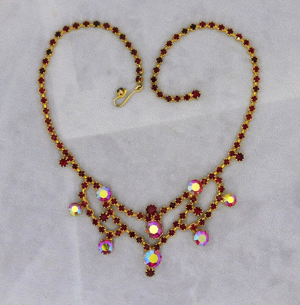 Vintage Signed Austria Crystal AB Red Rhinestone Prong Set Bib Collar Necklace