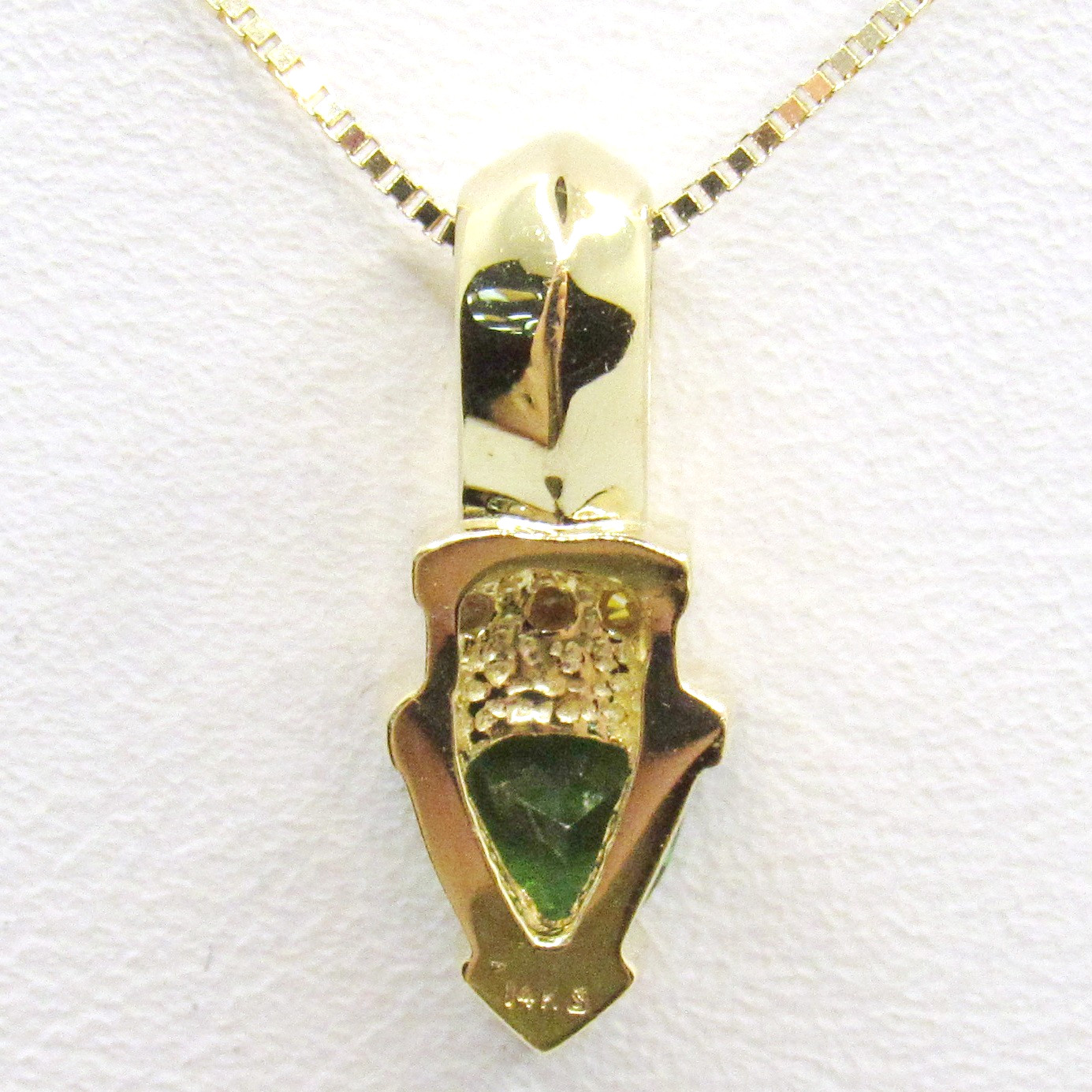 14K YELLOW GOLD CGC TRILLION CUT GREEN TOURMALINE & DIAMOND 18″ PENDANT NECKLACE