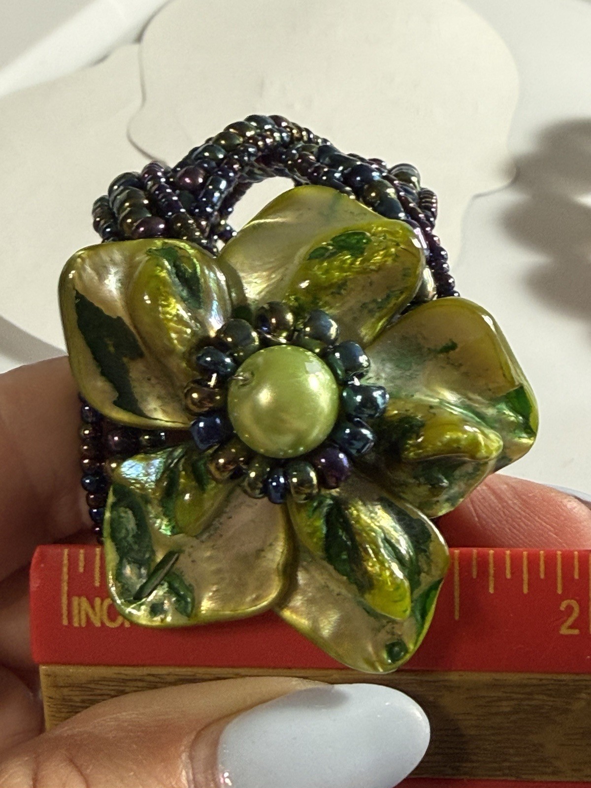 Vintage MOP Shell Flower Cuff Bracelet Iridescent Seed Bead Multi Strand Boho