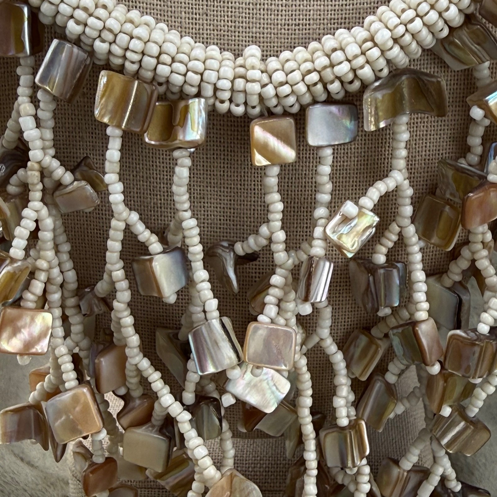 Vintage Beaded Bib Necklace Abalone Fringe 19”