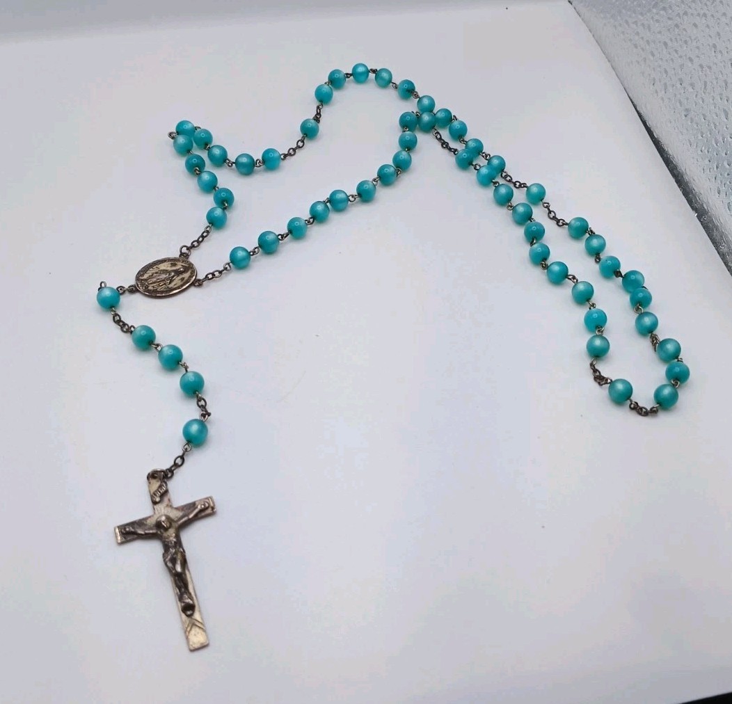 VINTAGE AFCO STERLING SILVER BLUE 58 Beads ROSARY CRUCIFIX Necklace