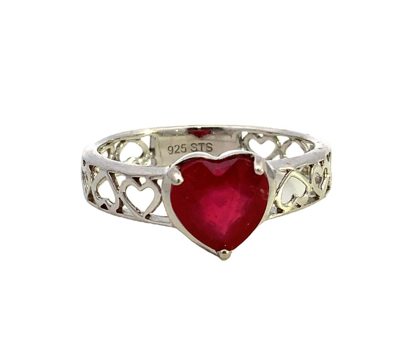 Vintage Sterling Silver Signed 925 STS Red Ruby Heart Accent Ring