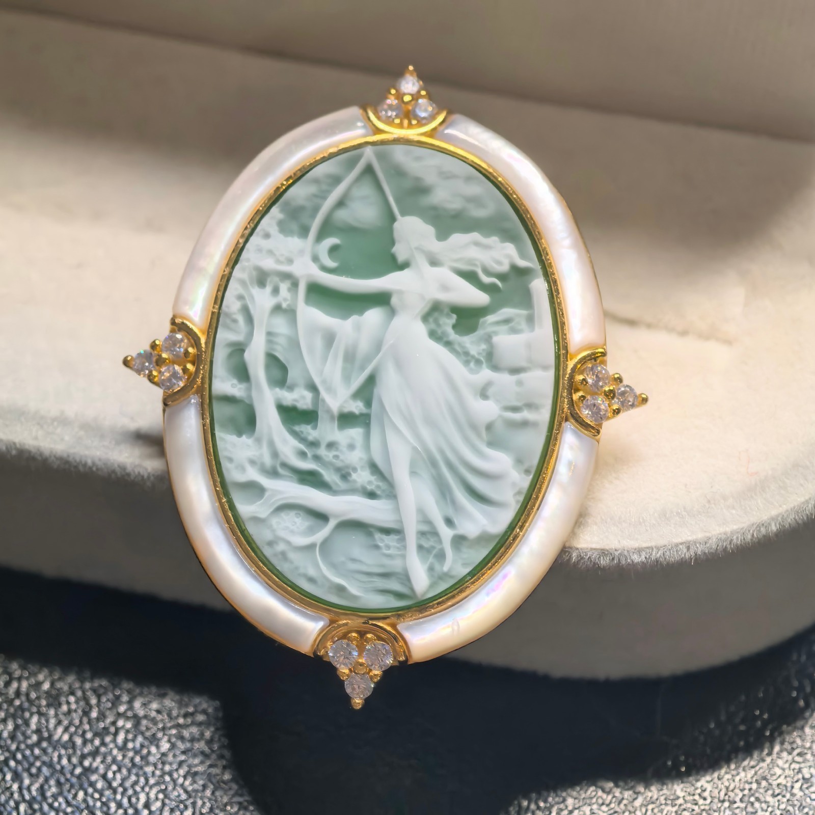 925 silver green Athena Agate cameo brooch pendant vintage estate jewelry