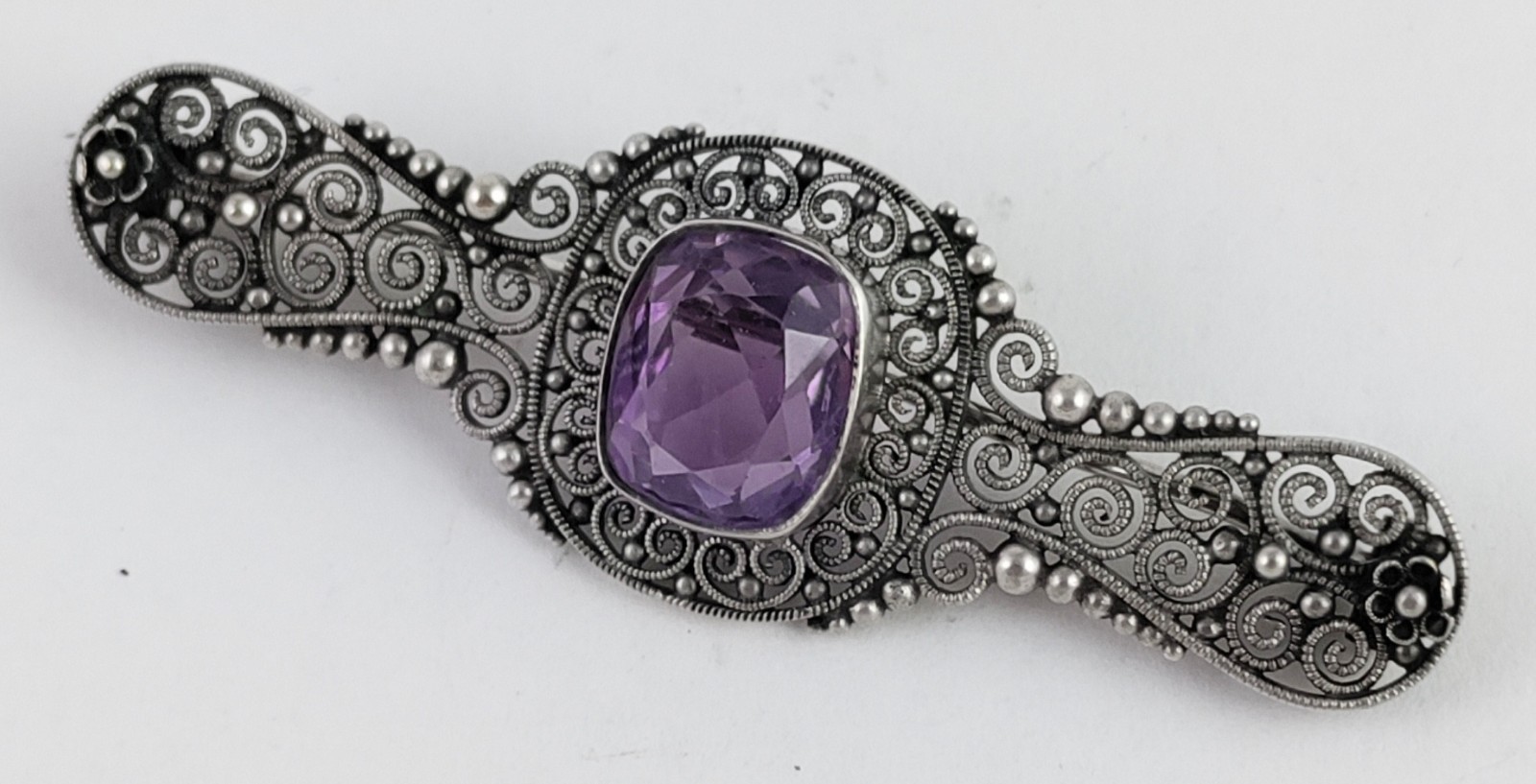Antique 800 Silver Cannetille Filigree Pin w/Bezel Set Faceted Amethyst Stone