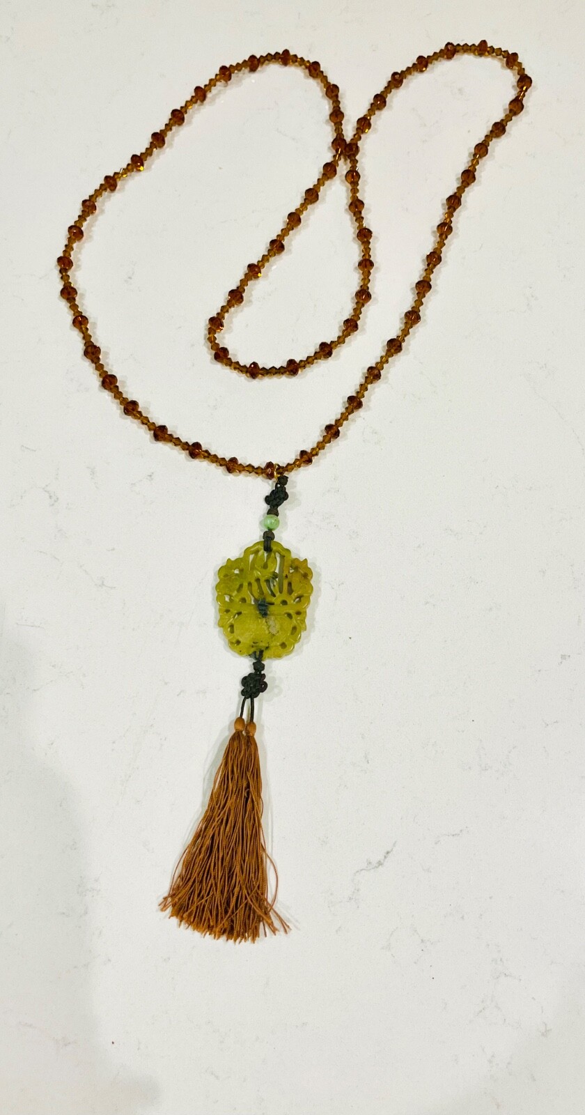 Vintage MCM Jade Pendant Necklace With Amber Glass Beads & Silk Tassel, STUNNING