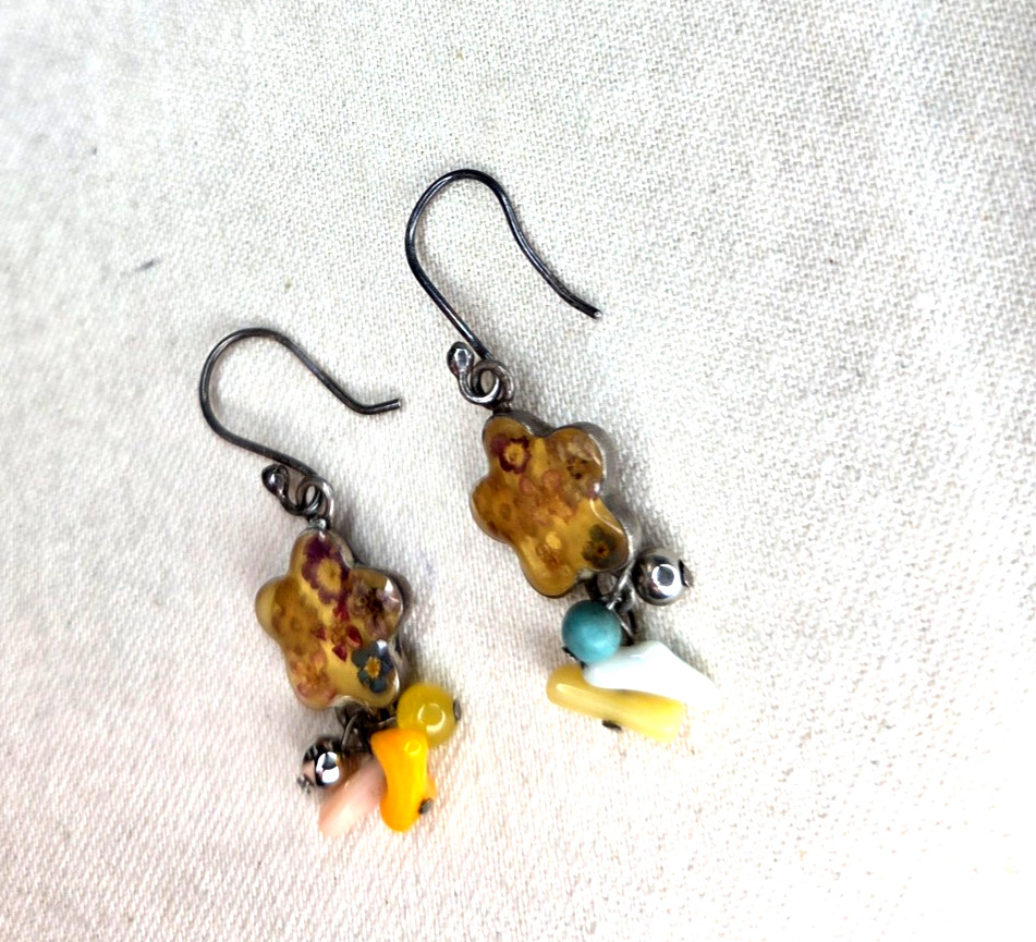 Signed ATI Mexico Pressed Flower Vintage Earrings Sterling Silver Drop