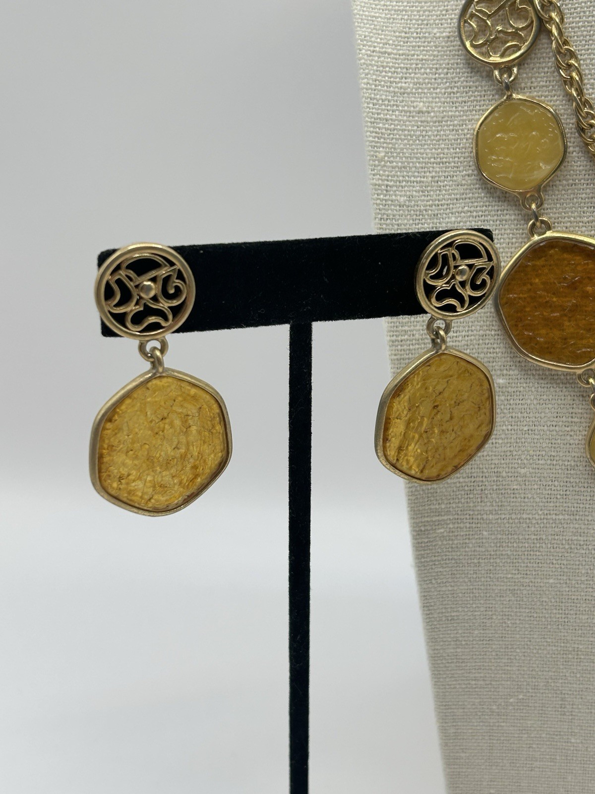 SARAH COVENTRY Necklace & Earrings Taste Of Honey Amber Discs Gold Tone Vintage