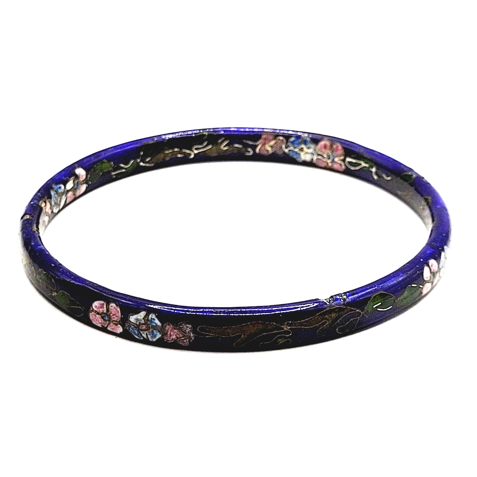 Cloisonné Asian Inspired Dark Cobalt Blue Floral Hand Painted Bangle Bracelet