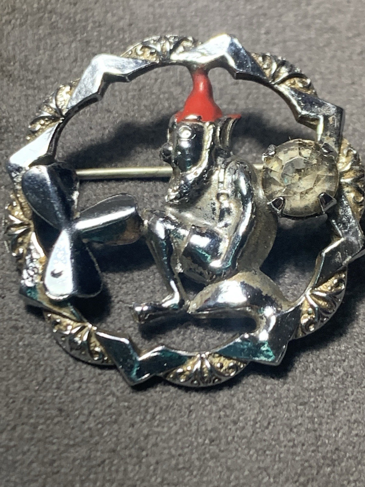 Vintage Irish Leprechaun Brooch Signed Mizpah w/ 3 Leaf Clover & Rhinestone