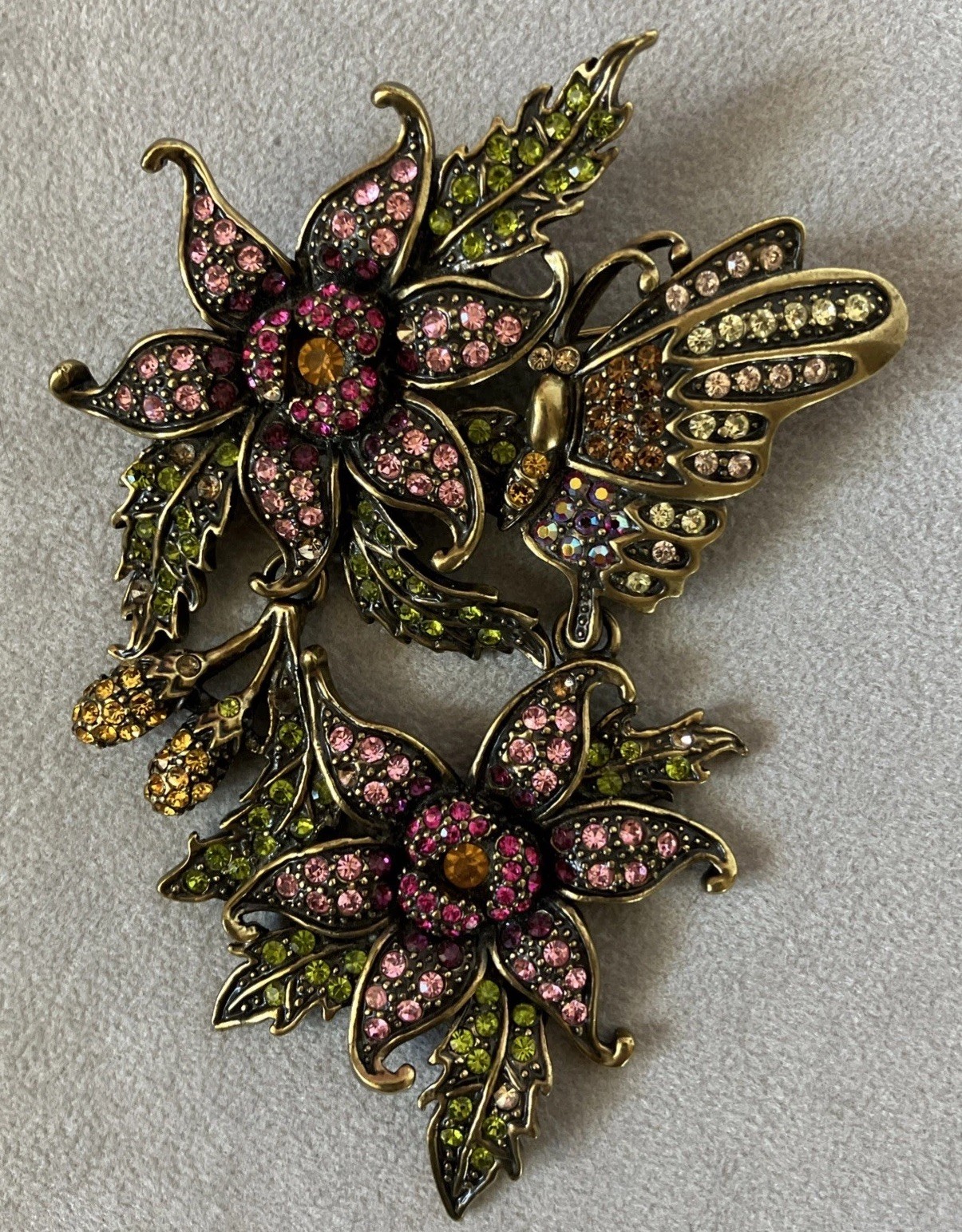 LaVintage Hinged Antiqued Goldtone Metal Flower/ Butterfly Brooch Or Pendant