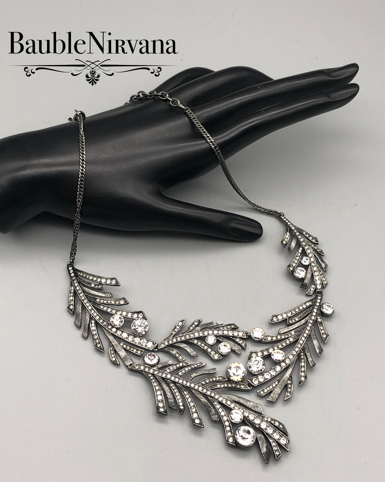 Givenchy Gun Metal & Rhinestone Textured Leaves Statement Bib Necklace WOW!!