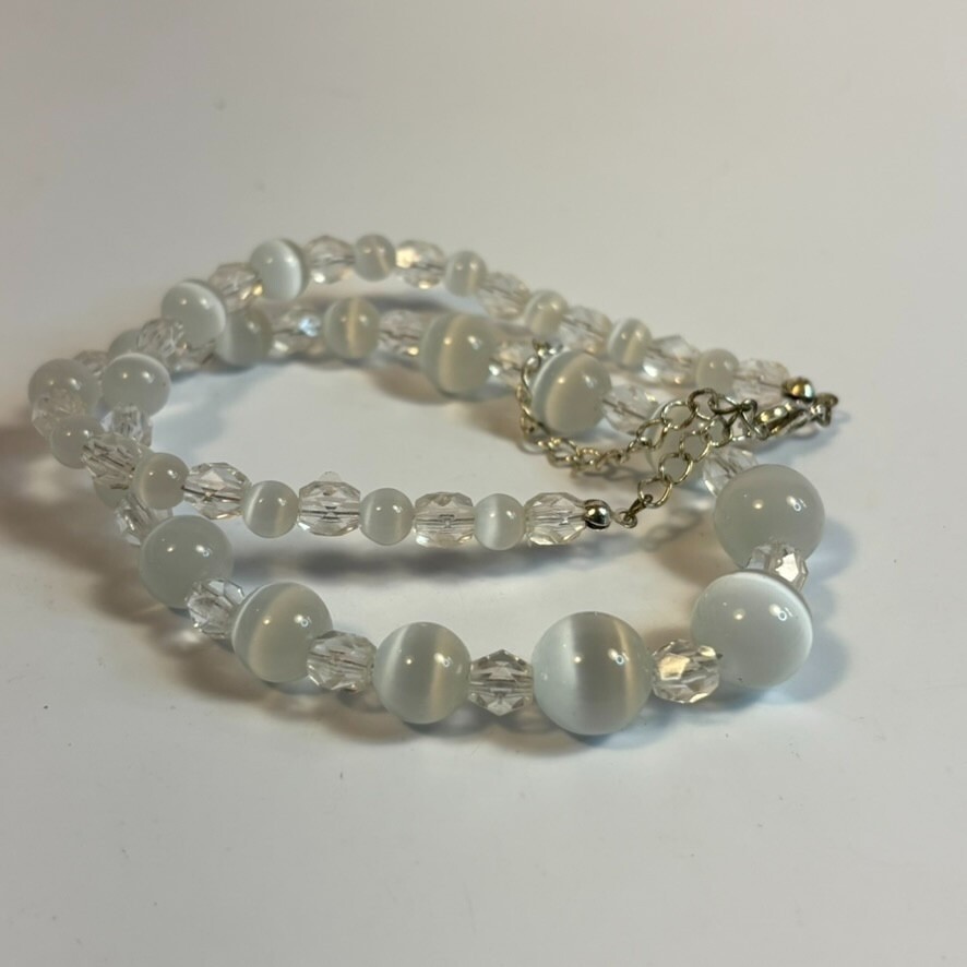 Vintage Necklace White Opalite Semi Precious Stone Beads Cats Eye Glass Crystal