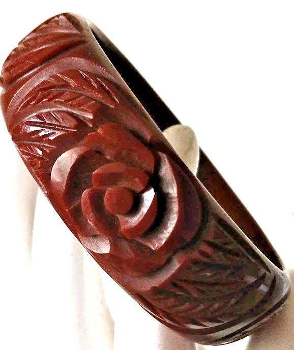 Vtg 1940’s Bakelite Bangle Bracelet Deeply Carved Brown Flower Leaves Tested