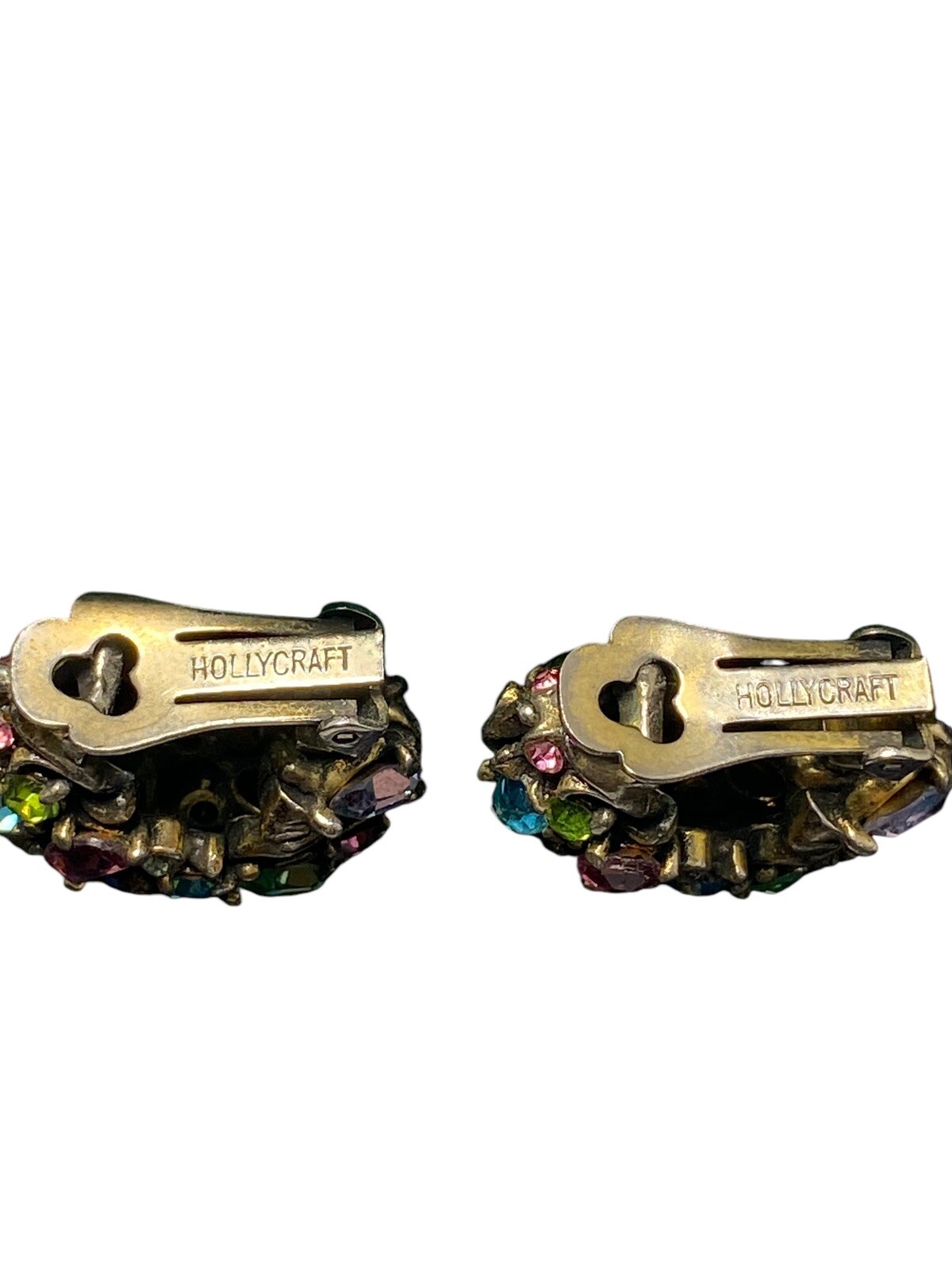 Vintage Hollycraft Multi Color Rhinestone Earrings Clip-on Silver tone Pastels