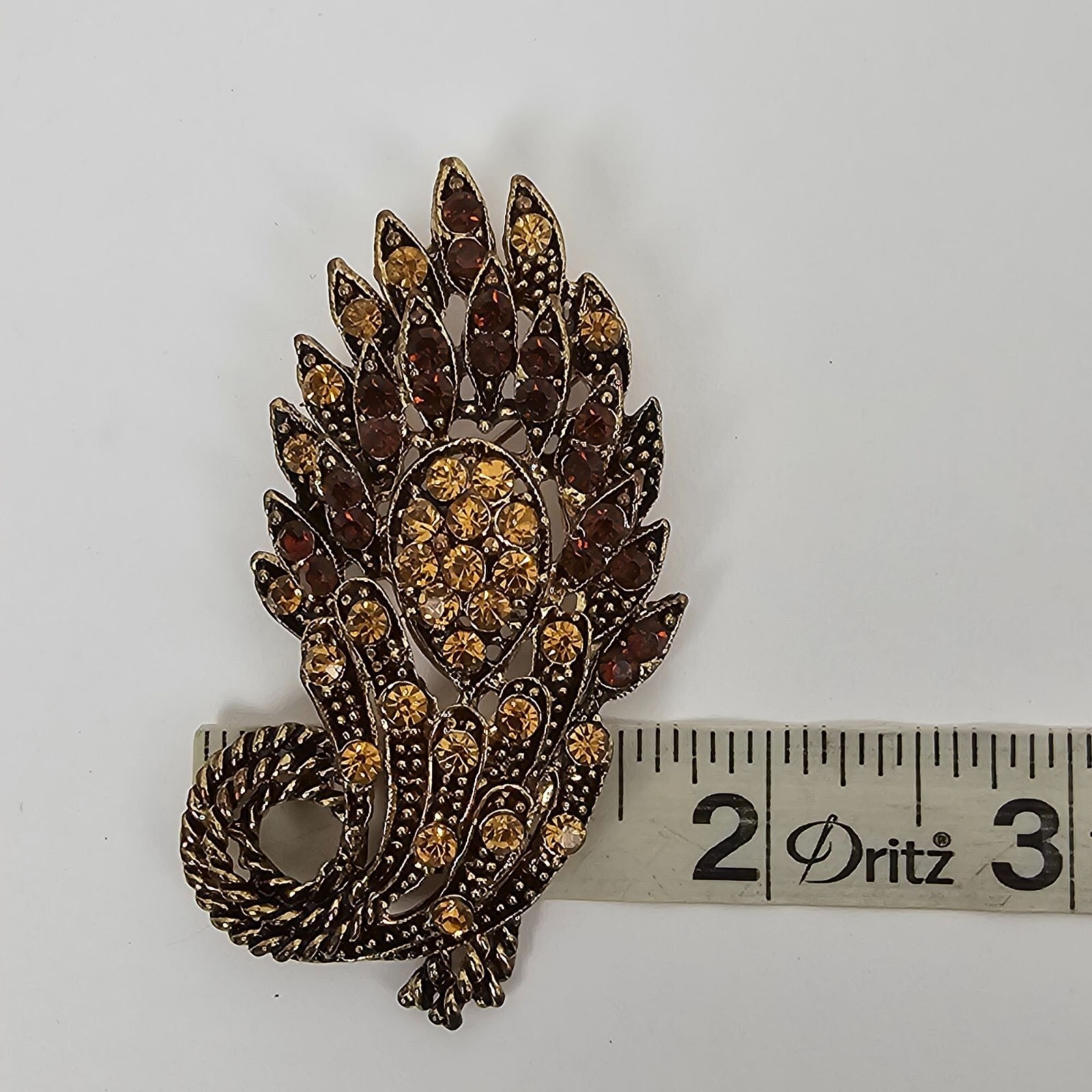 Vintage Yellow Brown Crystal Rhinestone Floral Big Brooch Pin Pendant Gold Tone