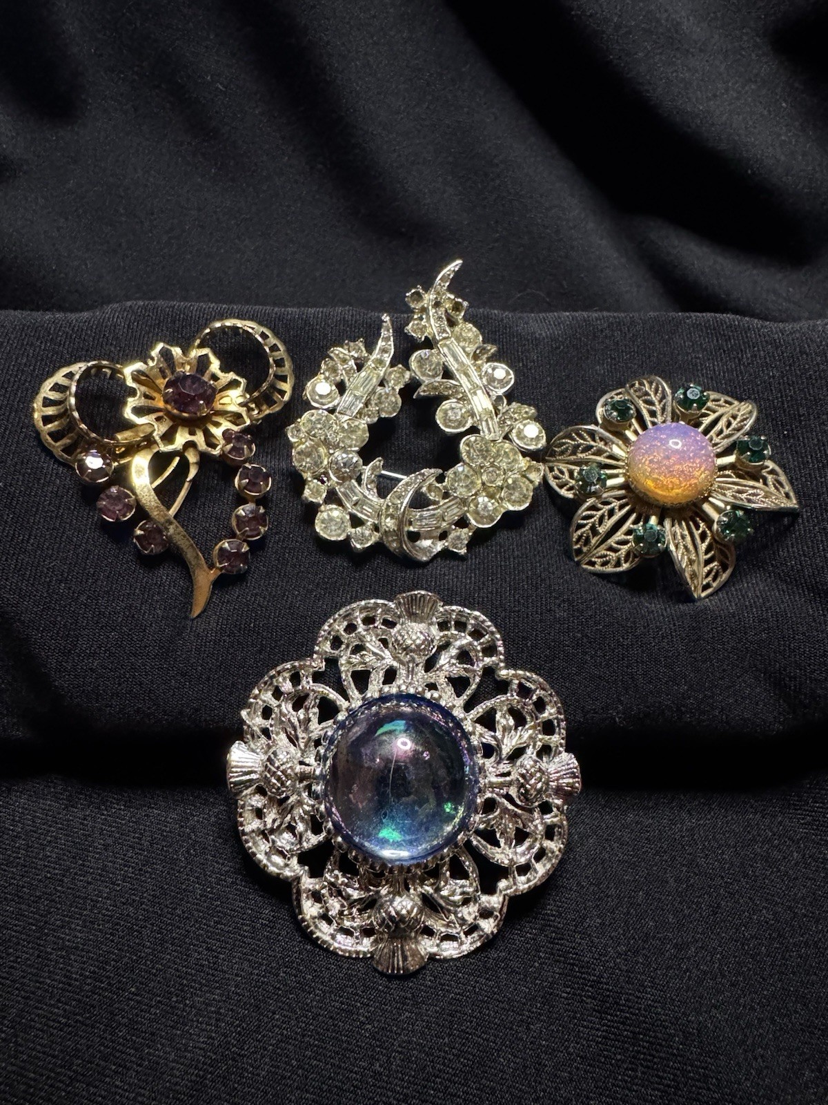 4 Vintage Brooches Gold & Silver Tone w/ Multicolor Stones, Unsigned