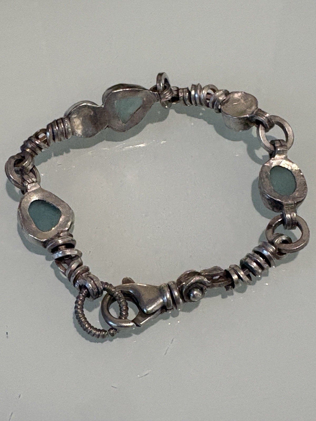 VTG 925 Sterling Silver, Blue Seaglass And Pearl Bracelet 7.5 Handmade 22 Grams