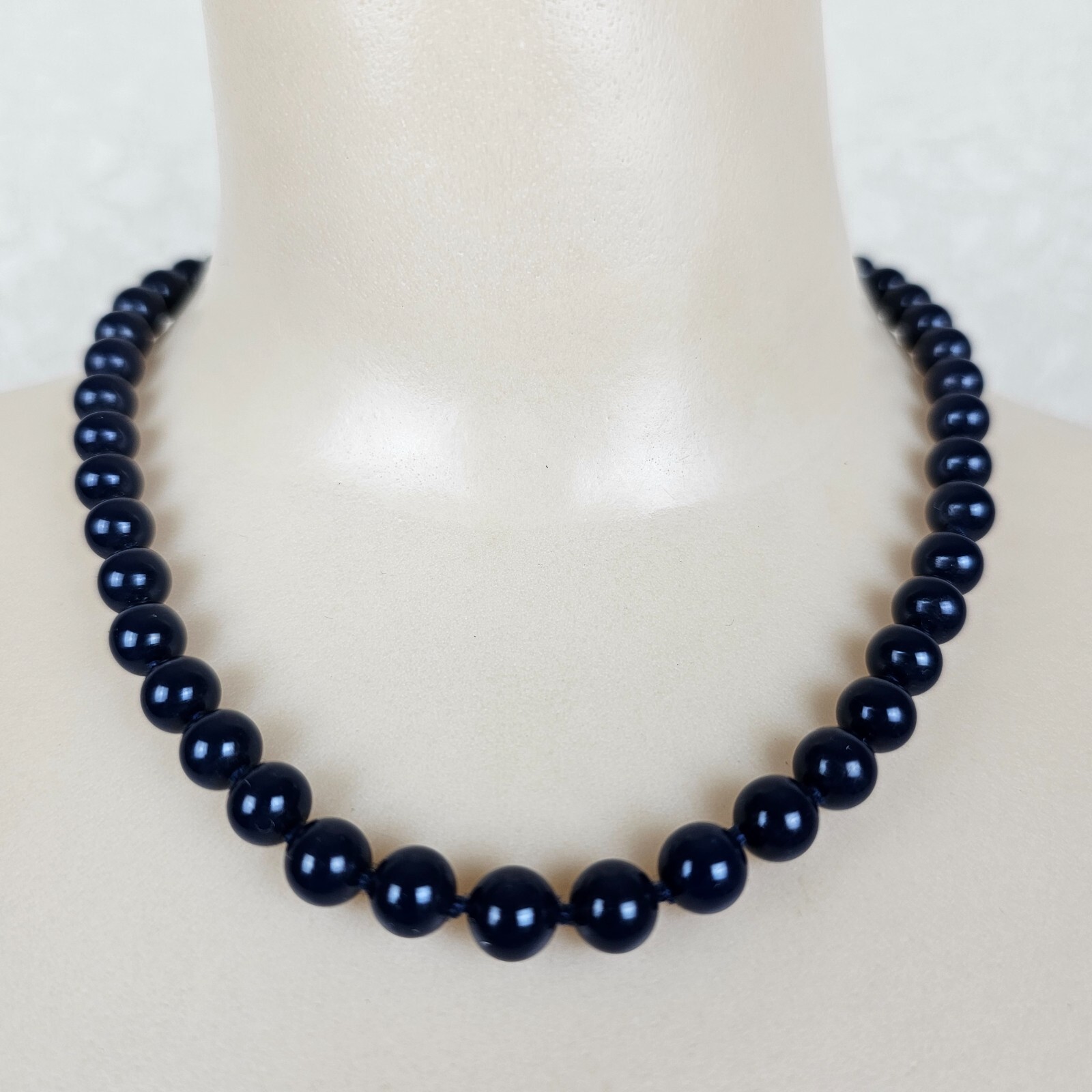 Vintage Monet Necklace Navy Blue Dainty Glass Bead Choker Hand Knot Signed 16.5″