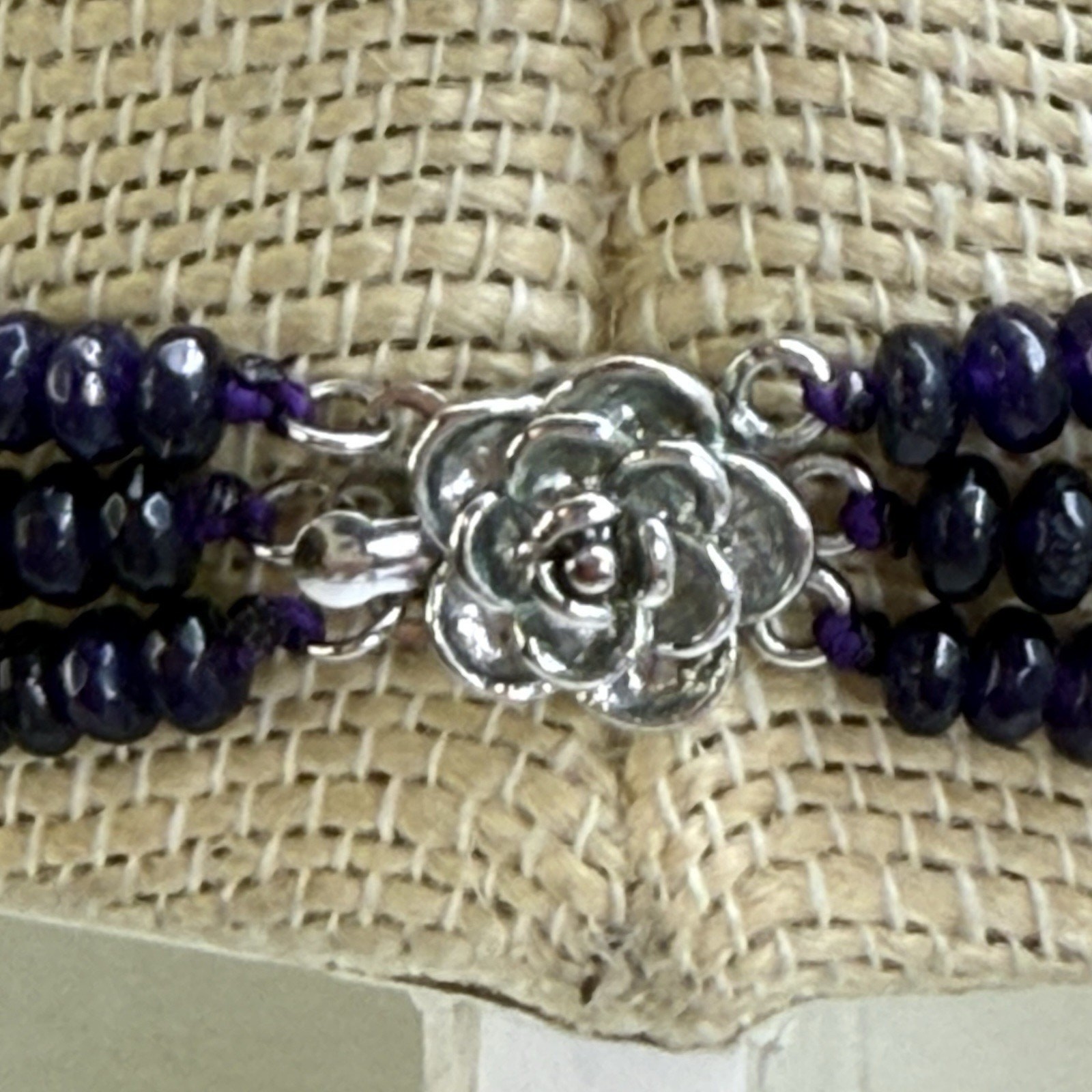 Vintage 3 Strand Purple Iolite Bead Necklace Faceted Iolite Floral Clasp