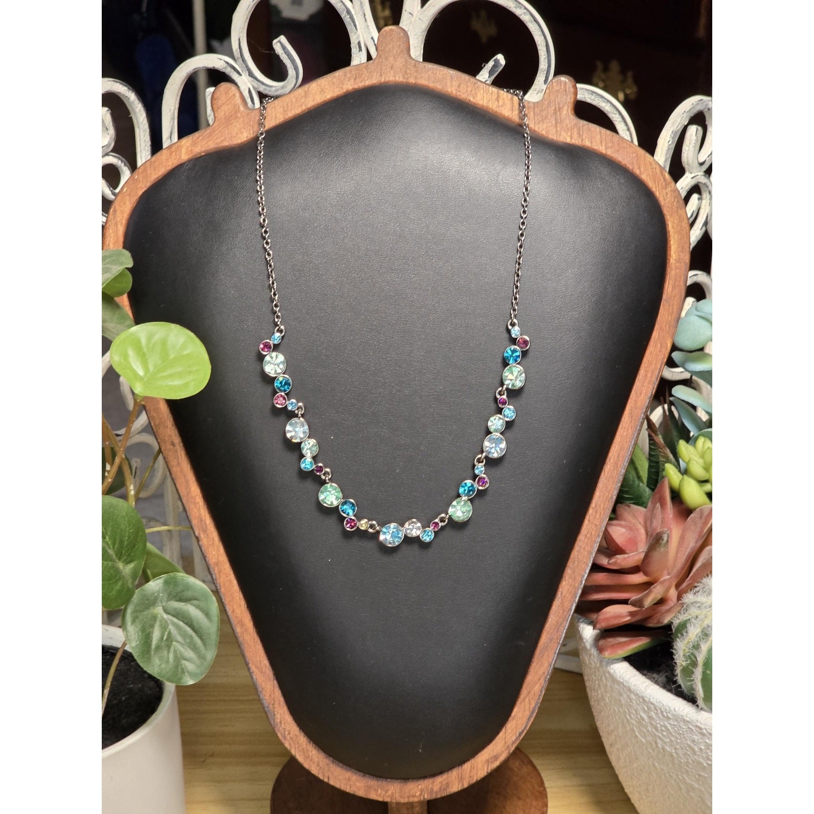 Napier Crystal Necklace Teal Blue Pink Rhinestone Necklace Gunmetal Tone