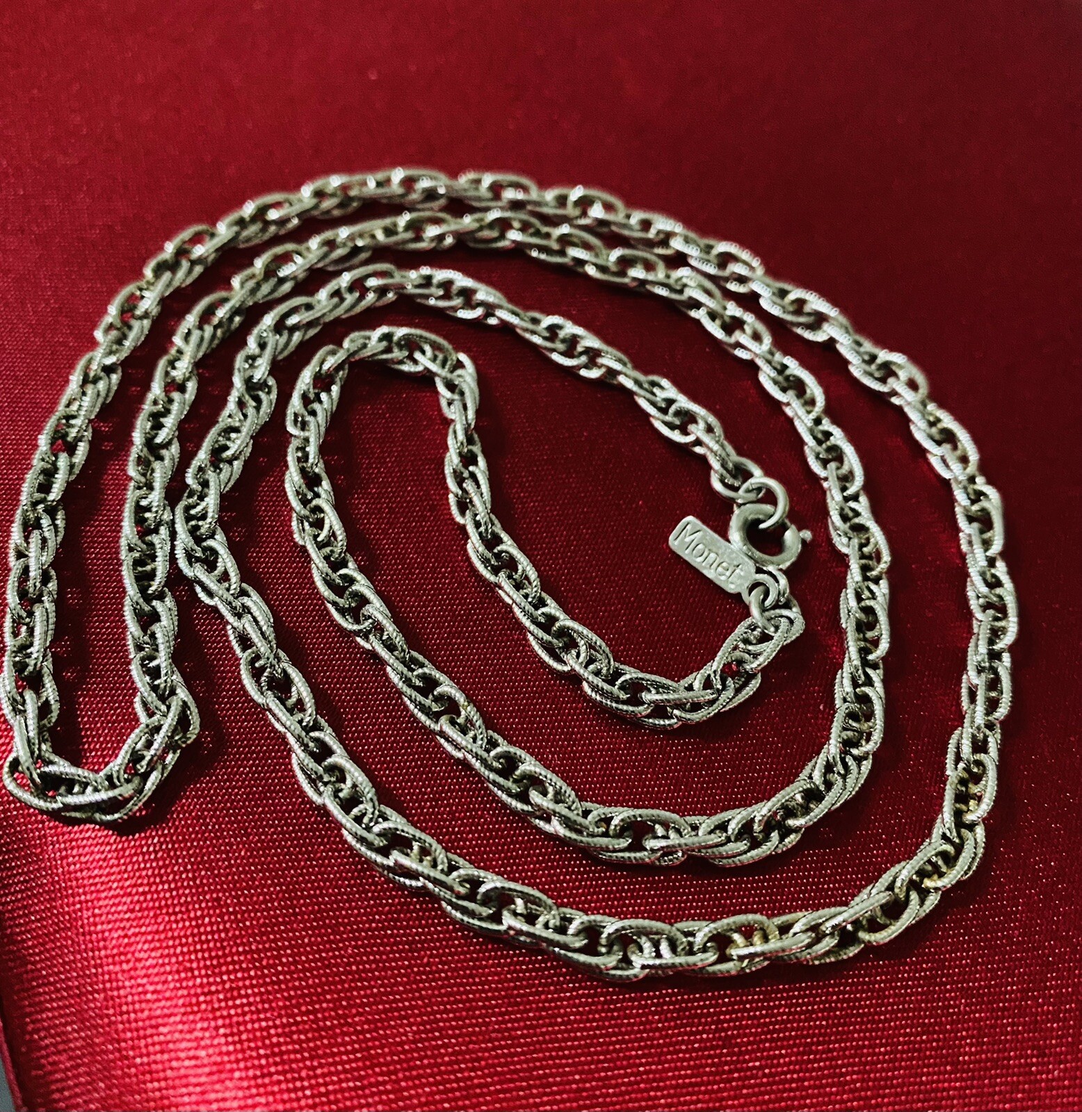 Vintage Unisex MONET Signed Silver Spiga Wheat Link Long Fashion Necklace 27”