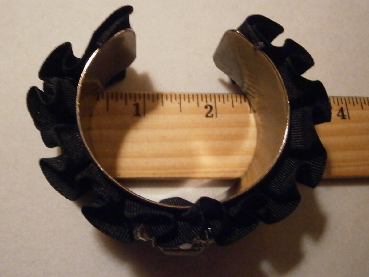 Vintage Yellow White Rhinestone Black Velvet & Satin Ruffle Cuff Bracelet