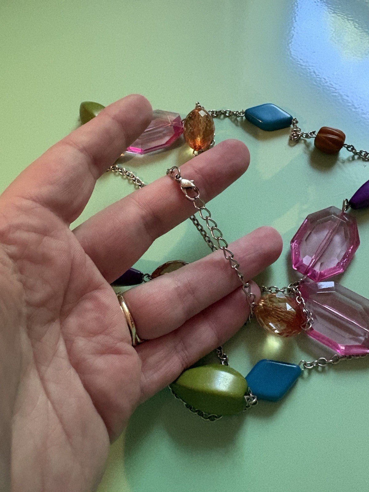 Vintage 19” Playful Mixed Color Lucite Long Necklace-pink-blue-green-multicolor-
