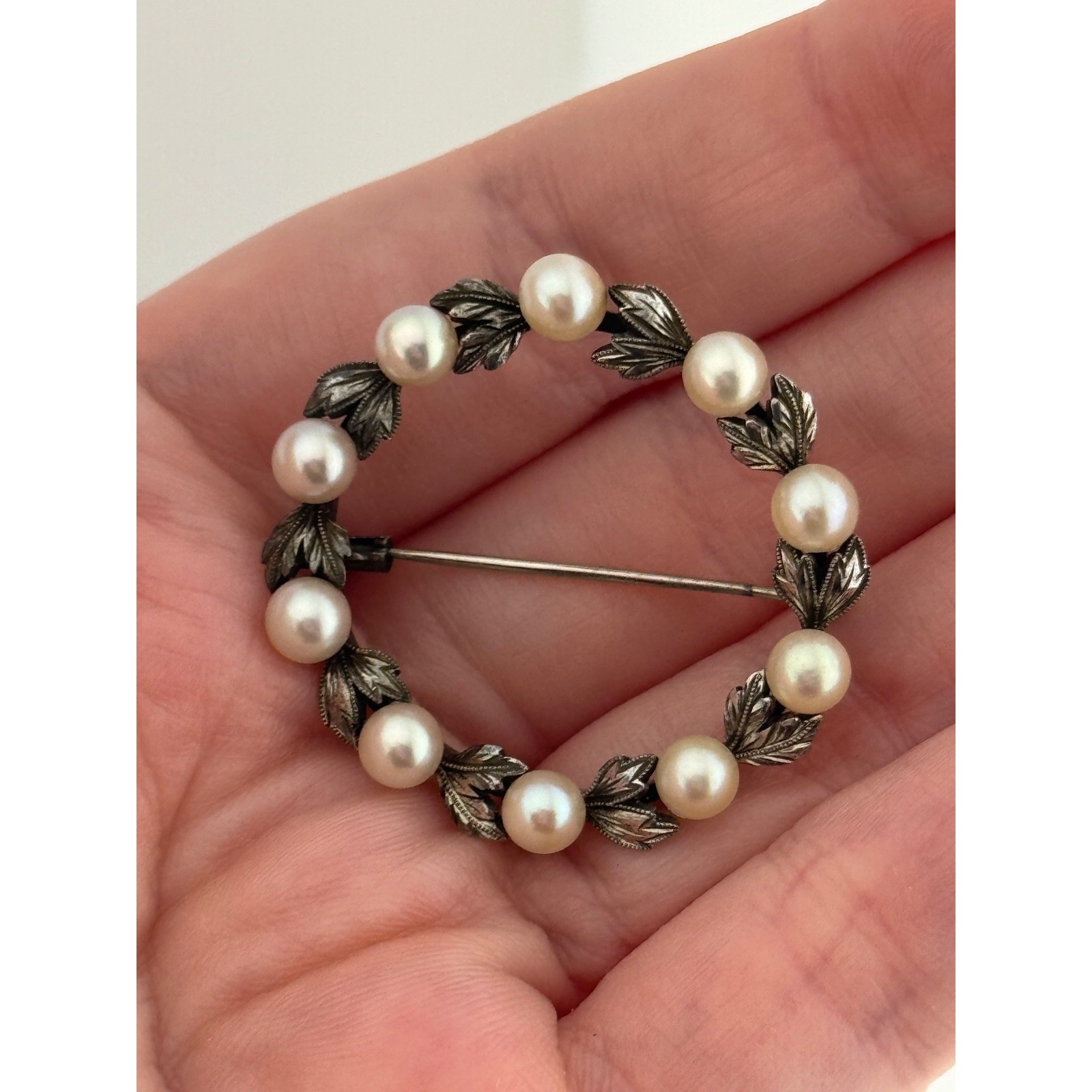 Vintage Mikimoto Wreath Brooch Sterling Silver Pearl Leaf Design Pin