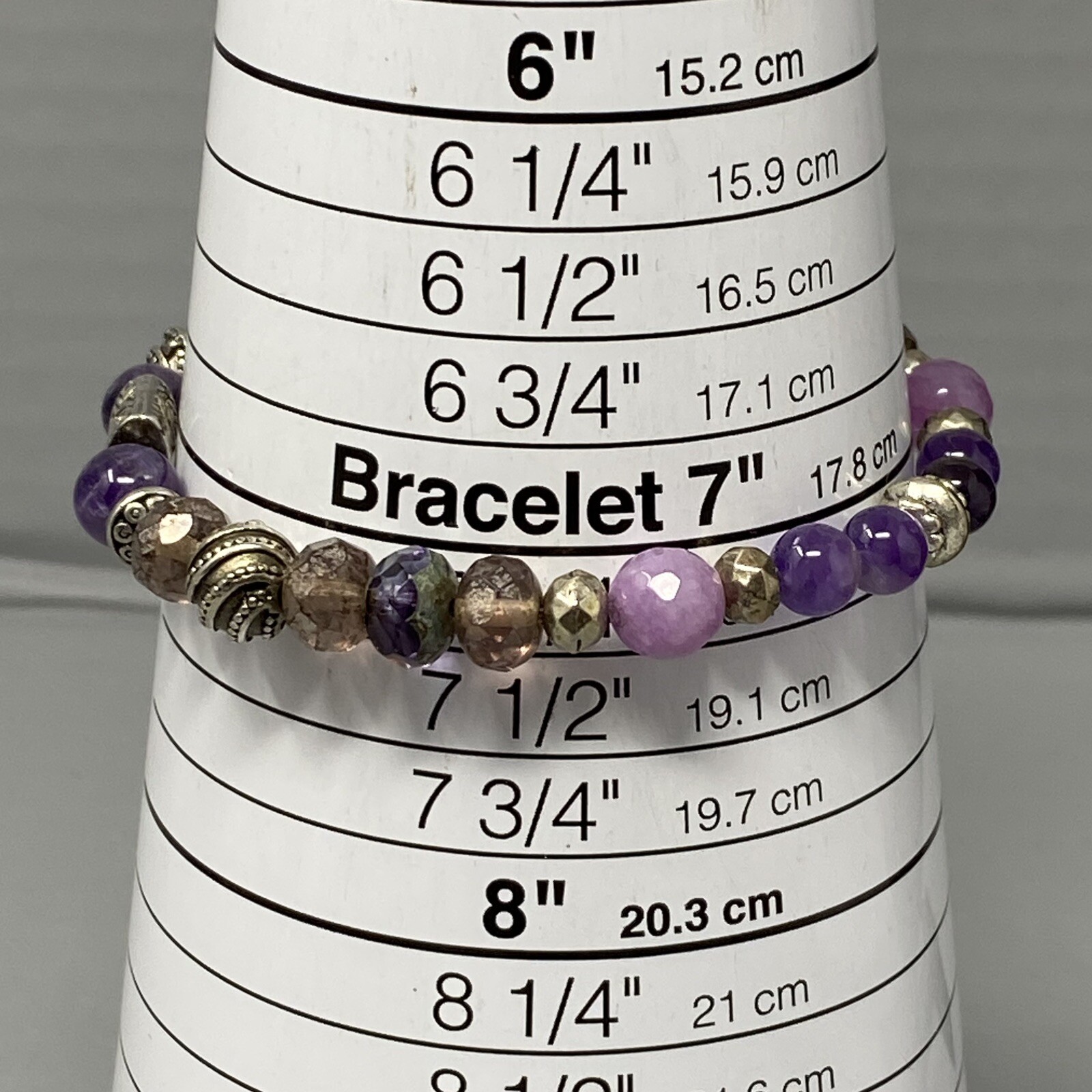 Amethyst Bracelet Purple Faceted Beads Picasso Czech Silver Tone Spacers Stretch