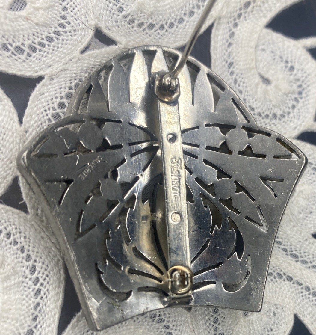 Vintage Art Deco Engraved Fishsom Silver it’s Clear Rhinestone Brooch Shield